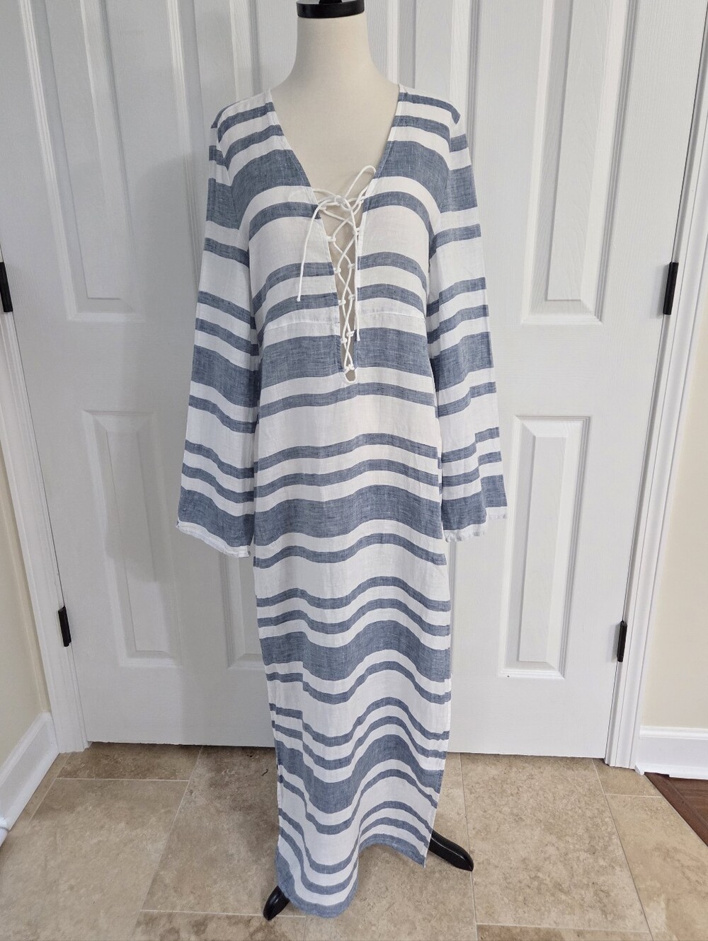 ISLAND COMPANY CORTES CAFTAN BLUE & WHITE STRIPED MAXI DRESS LINEN OVERSIZED S